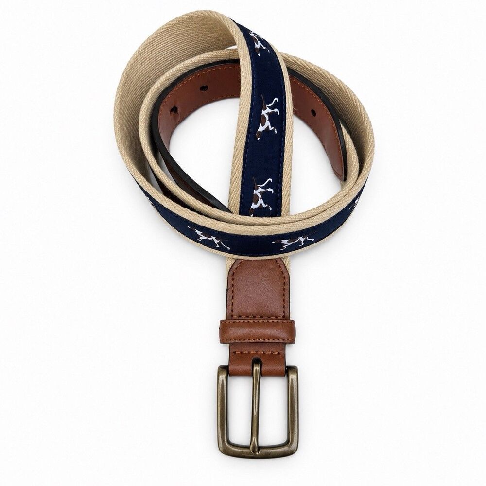 Men’s Pointer Hunting Dog Ribbon Belt Navy Tan Canvas Preppy Outdoors